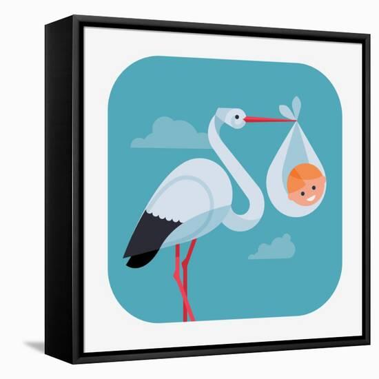 Lovely and Simple Vector Geometric Flat Design Web Icon on Childbirth with White Stork Holding Smil-Mascha Tace-Framed Stretched Canvas