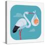 Lovely and Simple Vector Geometric Flat Design Web Icon on Childbirth with White Stork Holding Smil-Mascha Tace-Stretched Canvas