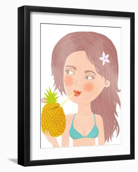 Lovely Brunette in Bikini with Pineapple Illustration-smilewithjul-Framed Art Print