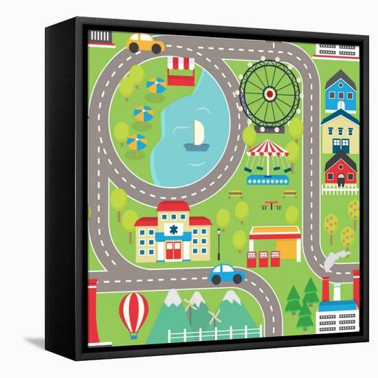 Lovely City Landscape Car Track Seamless Pattern for Play Mats, Rugs and Decoration. Sunny City Lan-medejaja-Framed Stretched Canvas