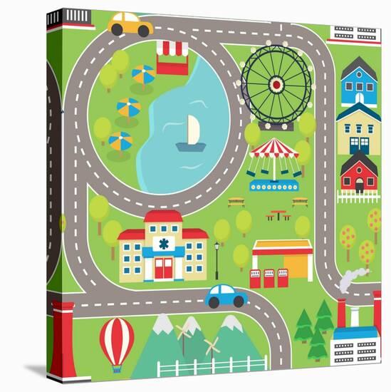 Lovely City Landscape Car Track Seamless Pattern for Play Mats, Rugs and Decoration. Sunny City Lan-medejaja-Stretched Canvas