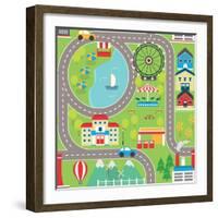 Lovely City Landscape Car Track Seamless Pattern for Play Mats, Rugs and Decoration. Sunny City Lan-medejaja-Framed Art Print