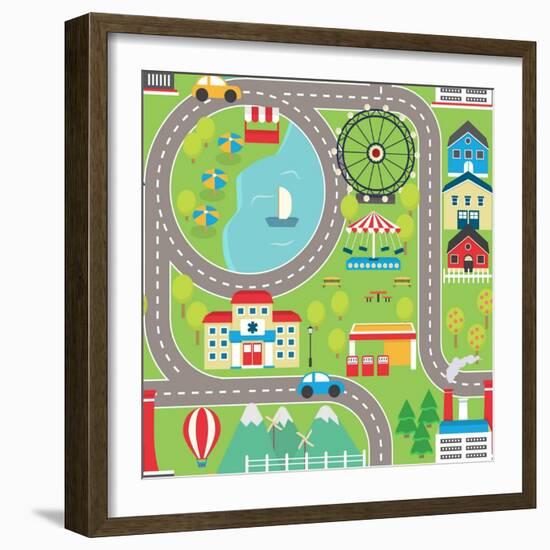 Lovely City Landscape Car Track Seamless Pattern for Play Mats, Rugs and Decoration. Sunny City Lan-medejaja-Framed Art Print