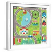 Lovely City Landscape Car Track Seamless Pattern for Play Mats, Rugs and Decoration. Sunny City Lan-medejaja-Framed Art Print