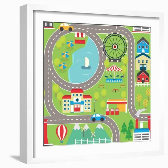 Lovely City Landscape Car Track Seamless Pattern for Play Mats, Rugs and Decoration. Sunny City Lan-medejaja-Framed Art Print