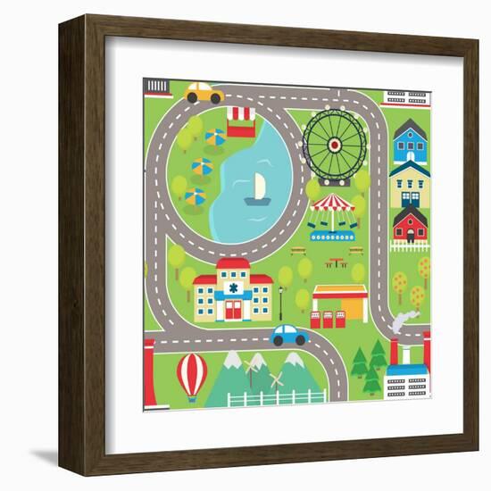 Lovely City Landscape Car Track Seamless Pattern for Play Mats, Rugs and Decoration. Sunny City Lan-medejaja-Framed Art Print