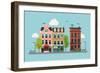 Lovely Colorful City Downtown Landscape with Various Townhouses, Trees, Clouds and Other Urban Deta-Mascha Tace-Framed Art Print