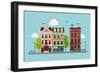 Lovely Colorful City Downtown Landscape with Various Townhouses, Trees, Clouds and Other Urban Deta-Mascha Tace-Framed Art Print