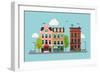 Lovely Colorful City Downtown Landscape with Various Townhouses, Trees, Clouds and Other Urban Deta-Mascha Tace-Framed Art Print