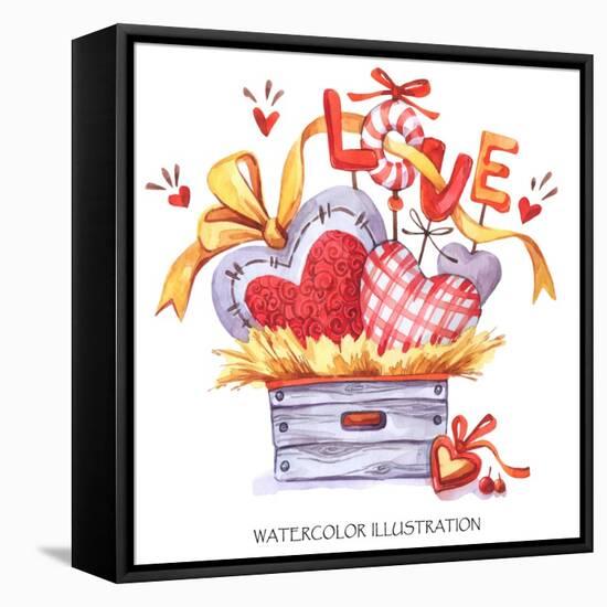 Lovely Hand Drawn Illustration. Watercolor Valentines Day Card. Wooden Box with Textile Hearts in T-Anastezia Luneva-Framed Stretched Canvas