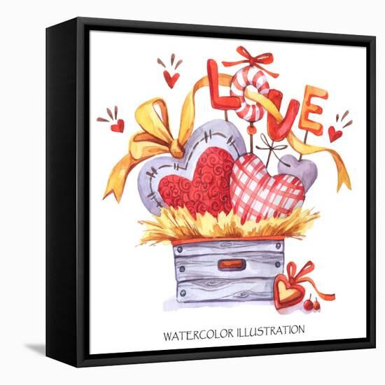 Lovely Hand Drawn Illustration. Watercolor Valentines Day Card. Wooden Box with Textile Hearts in T-Anastezia Luneva-Framed Stretched Canvas