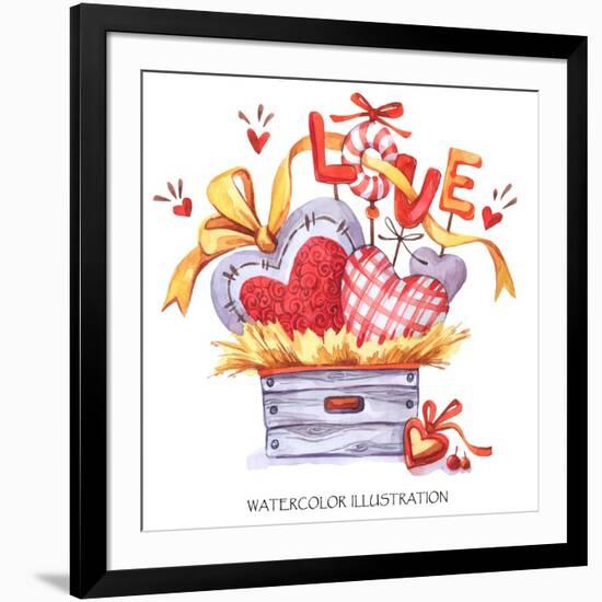 Lovely Hand Drawn Illustration. Watercolor Valentines Day Card. Wooden Box with Textile Hearts in T-Anastezia Luneva-Framed Art Print