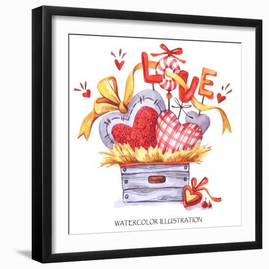 Lovely Hand Drawn Illustration. Watercolor Valentines Day Card. Wooden Box with Textile Hearts in T-Anastezia Luneva-Framed Art Print