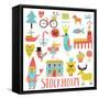 Lovely Stockholm Sweden Set in Vector. Sweet Stylish Scandinavian Set with House, Church, Gnome, Bi-smilewithjul-Framed Stretched Canvas