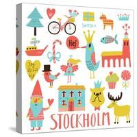 Lovely Stockholm Sweden Set in Vector. Sweet Stylish Scandinavian Set with House, Church, Gnome, Bi-smilewithjul-Stretched Canvas