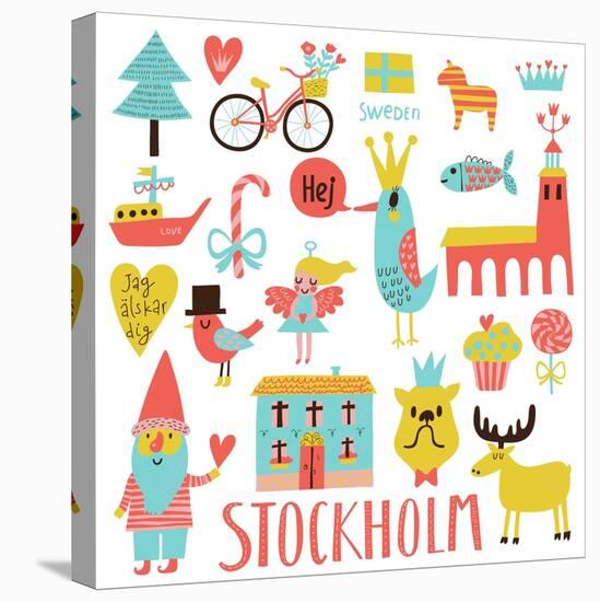 Lovely Stockholm Sweden Set in Vector. Sweet Stylish Scandinavian Set with House, Church, Gnome, Bi-smilewithjul-Stretched Canvas