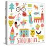 Lovely Stockholm Sweden Set in Vector. Sweet Stylish Scandinavian Set with House, Church, Gnome, Bi-smilewithjul-Stretched Canvas