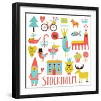 Lovely Stockholm Sweden Set in Vector. Sweet Stylish Scandinavian Set with House, Church, Gnome, Bi-smilewithjul-Framed Art Print