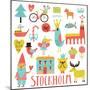 Lovely Stockholm Sweden Set in Vector. Sweet Stylish Scandinavian Set with House, Church, Gnome, Bi-smilewithjul-Mounted Art Print