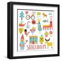 Lovely Stockholm Sweden Set in Vector. Sweet Stylish Scandinavian Set with House, Church, Gnome, Bi-smilewithjul-Framed Art Print