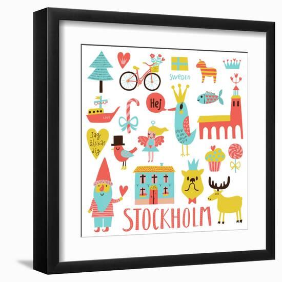 Lovely Stockholm Sweden Set in Vector. Sweet Stylish Scandinavian Set with House, Church, Gnome, Bi-smilewithjul-Framed Art Print