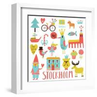 Lovely Stockholm Sweden Set in Vector. Sweet Stylish Scandinavian Set with House, Church, Gnome, Bi-smilewithjul-Framed Art Print