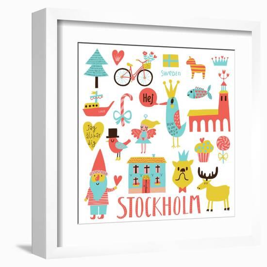 Lovely Stockholm Sweden Set in Vector. Sweet Stylish Scandinavian Set with House, Church, Gnome, Bi-smilewithjul-Framed Art Print