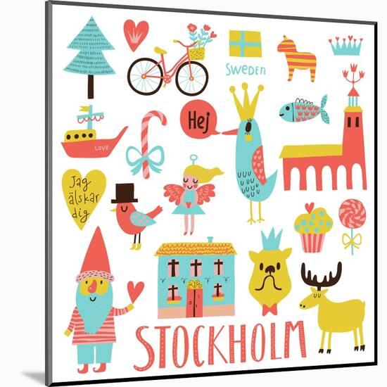 Lovely Stockholm Sweden Set in Vector. Sweet Stylish Scandinavian Set with House, Church, Gnome, Bi-smilewithjul-Mounted Art Print