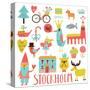 Lovely Stockholm Sweden Set in Vector. Sweet Stylish Scandinavian Set with House, Church, Gnome, Bi-smilewithjul-Stretched Canvas