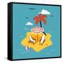 Lovely Vector Abstract Island Paradise with Palm, Chaise Lounge and Parasol Umbrella Sunshade-Mascha Tace-Framed Stretched Canvas