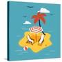 Lovely Vector Abstract Island Paradise with Palm, Chaise Lounge and Parasol Umbrella Sunshade-Mascha Tace-Stretched Canvas