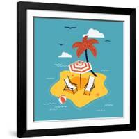 Lovely Vector Abstract Island Paradise with Palm, Chaise Lounge and Parasol Umbrella Sunshade-Mascha Tace-Framed Art Print