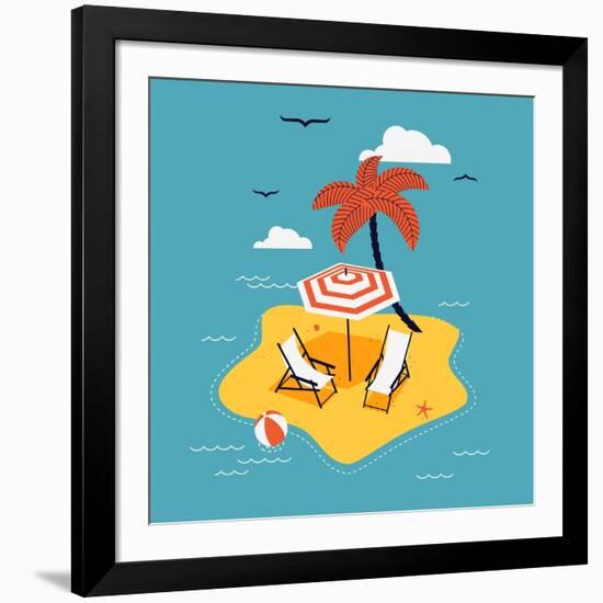 Lovely Vector Abstract Island Paradise with Palm, Chaise Lounge and Parasol Umbrella Sunshade-Mascha Tace-Framed Art Print