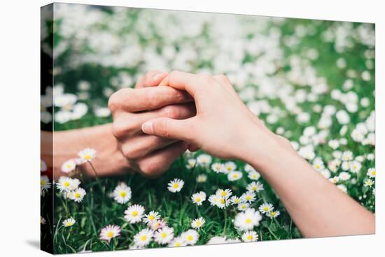 Lovers Holding Hands on Spring Flowers Field-Dirima-Stretched Canvas