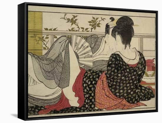 Lovers in an Upstairs Room, from Uta Makura ('Poem of the Pillow'), a Colour Woodblock Print-Kitagawa Utamaro-Framed Stretched Canvas