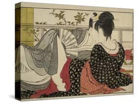 Lovers in an Upstairs Room, from Uta Makura ('Poem of the Pillow'), a Colour Woodblock Print-Kitagawa Utamaro-Stretched Canvas