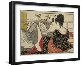 Lovers in an Upstairs Room, from Uta Makura ('Poem of the Pillow'), a Colour Woodblock Print-Kitagawa Utamaro-Framed Art Print