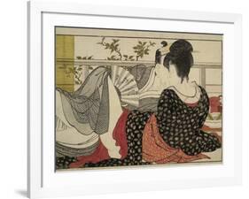 Lovers in an Upstairs Room, from Uta Makura ('Poem of the Pillow'), a Colour Woodblock Print-Kitagawa Utamaro-Framed Art Print