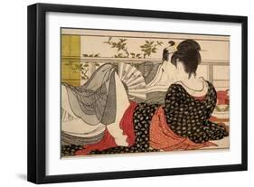 Lovers in an Upstairs Room, from Uta Makura ('Poem of the Pillow'), a Colour Woodblock Print-Kitagawa Utamaro-Framed Art Print