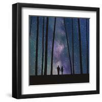 Lovers in Forest. Vector Illustration with Silhouette of Loving Couple under Starry Sky. Can Be Use-arvitalyaa-Framed Art Print