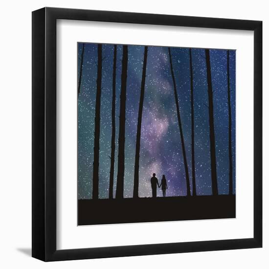 Lovers in Forest. Vector Illustration with Silhouette of Loving Couple under Starry Sky. Can Be Use-arvitalyaa-Framed Art Print