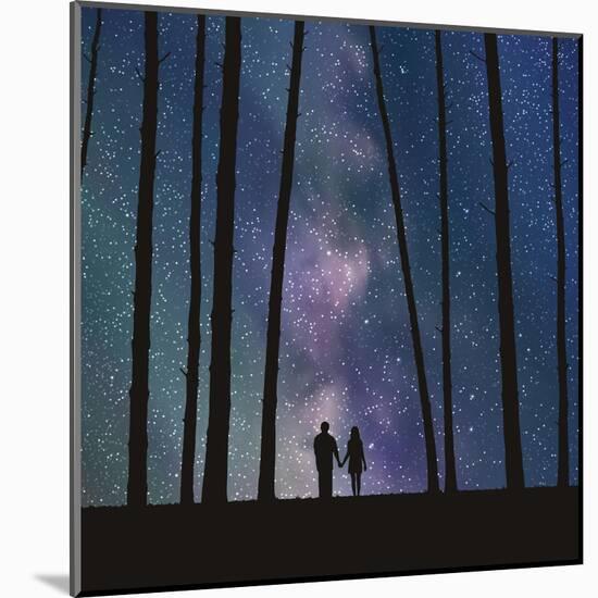 Lovers in Forest. Vector Illustration with Silhouette of Loving Couple under Starry Sky. Can Be Use-arvitalyaa-Mounted Art Print