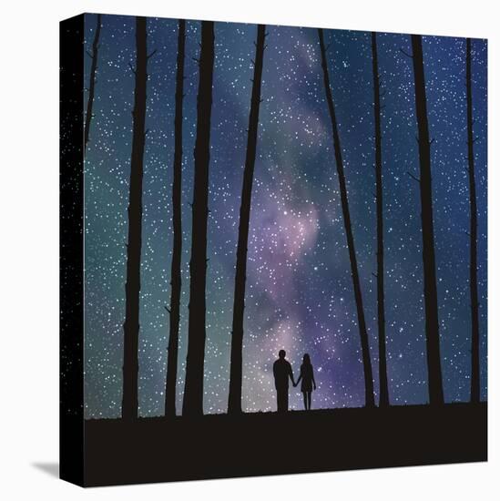Lovers in Forest. Vector Illustration with Silhouette of Loving Couple under Starry Sky. Can Be Use-arvitalyaa-Stretched Canvas
