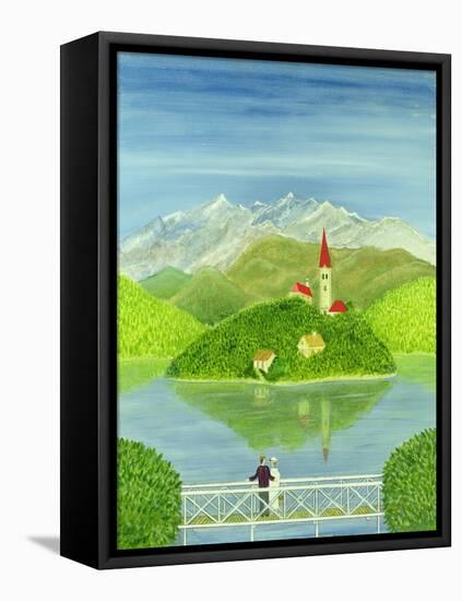 Lovers on the Bridge with Snow-Capped Mountains-Mark Baring-Framed Stretched Canvas