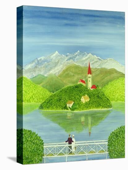 Lovers on the Bridge with Snow-Capped Mountains-Mark Baring-Stretched Canvas