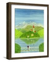 Lovers on the Bridge with Snow-Capped Mountains-Mark Baring-Framed Giclee Print