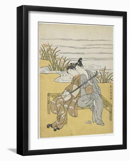 Lovers Playing the Same Shamisen as a Mitate of Emperor Xuanzong and Yang Guifei, C. 1767-Suzuki Harunobu-Framed Giclee Print