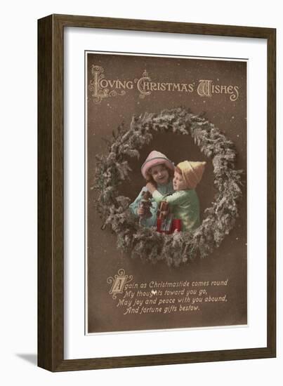 Loving Christmas Wishes - Little Kids Embracing-Lantern Press-Framed Art Print