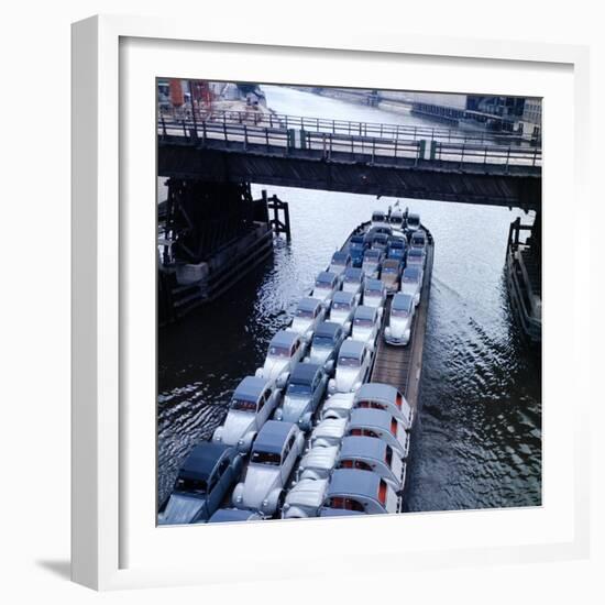 Low Aerials of Citroen Cars on Barge in Unidentified Waterssomewhere in Europe-Ralph Crane-Framed Photographic Print