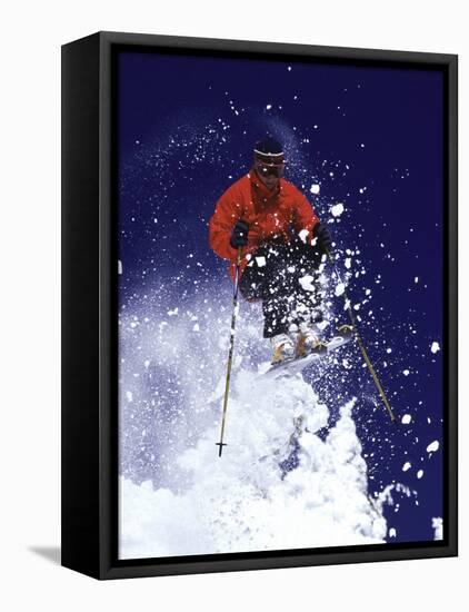 Low Angle View of a Man Skiing-null-Framed Stretched Canvas